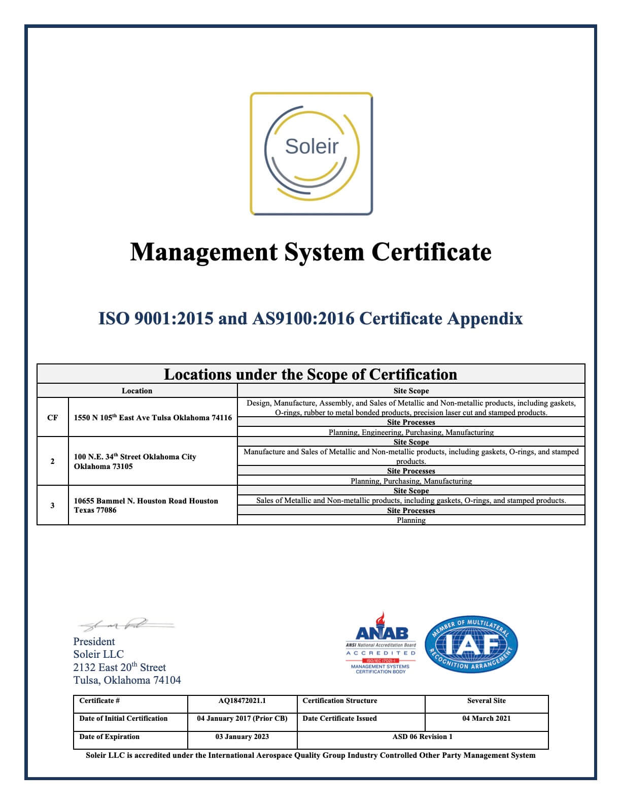 Seal Company Enterprises Inc 2021 AS9100 Management System Certificate
