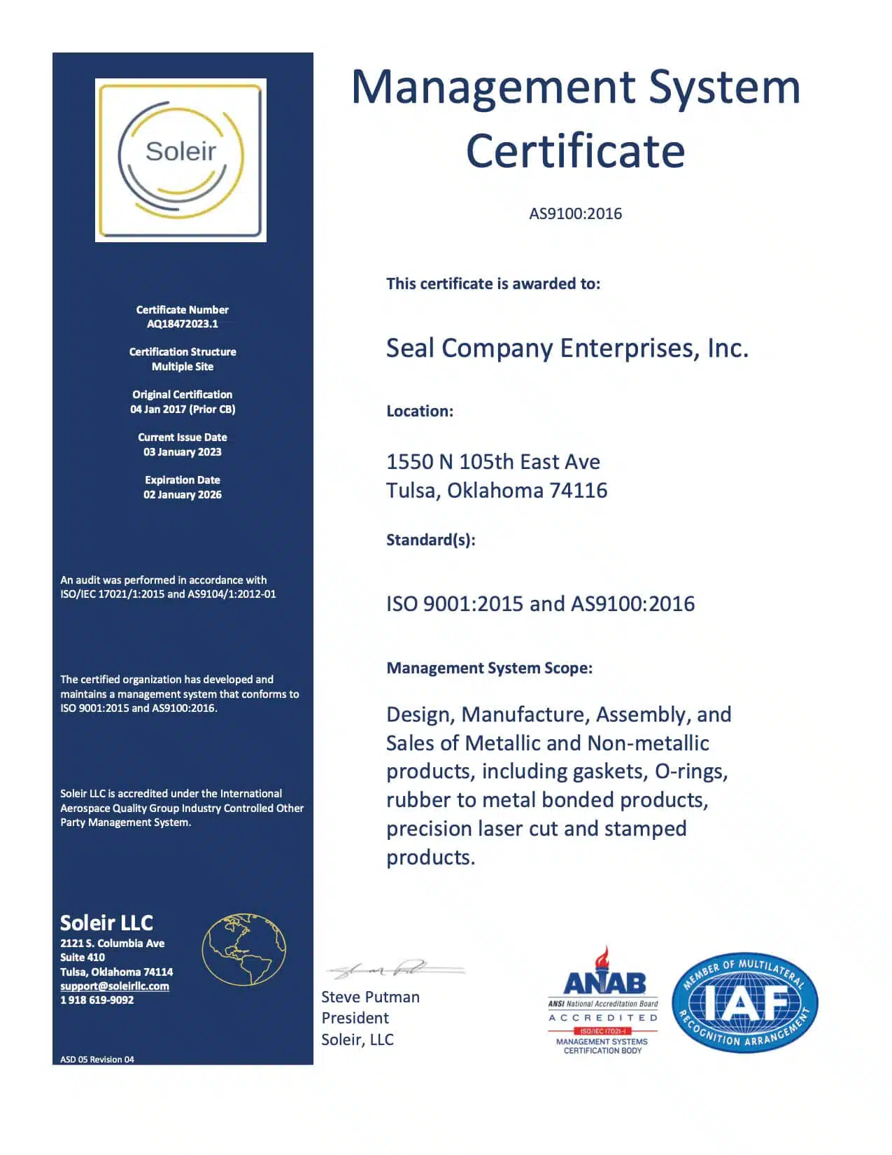 Seal Company 2023 AS9100 2016 Management System Certificate