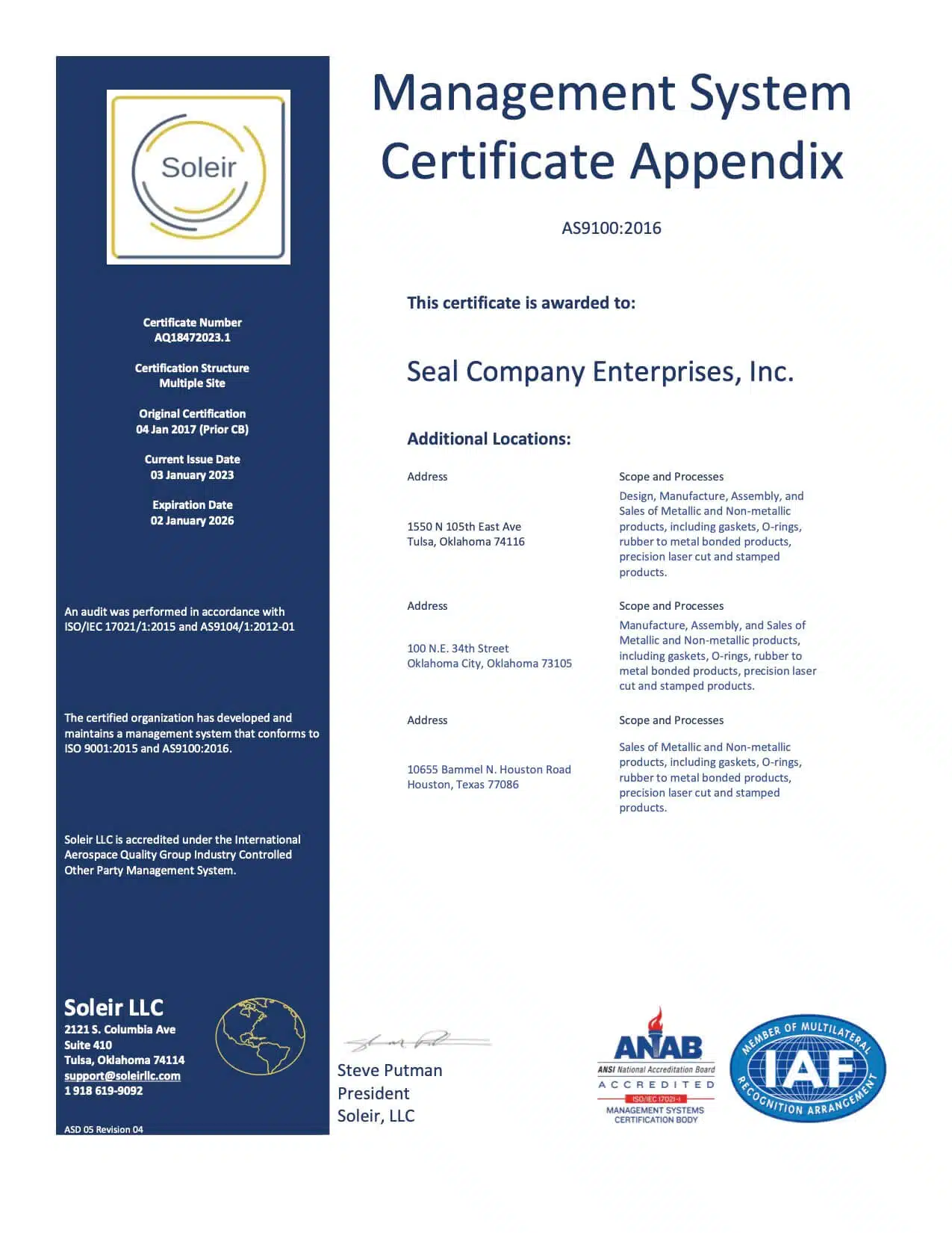 Seal Company 2023 AS9100 2016 Management System Certificate Appendix